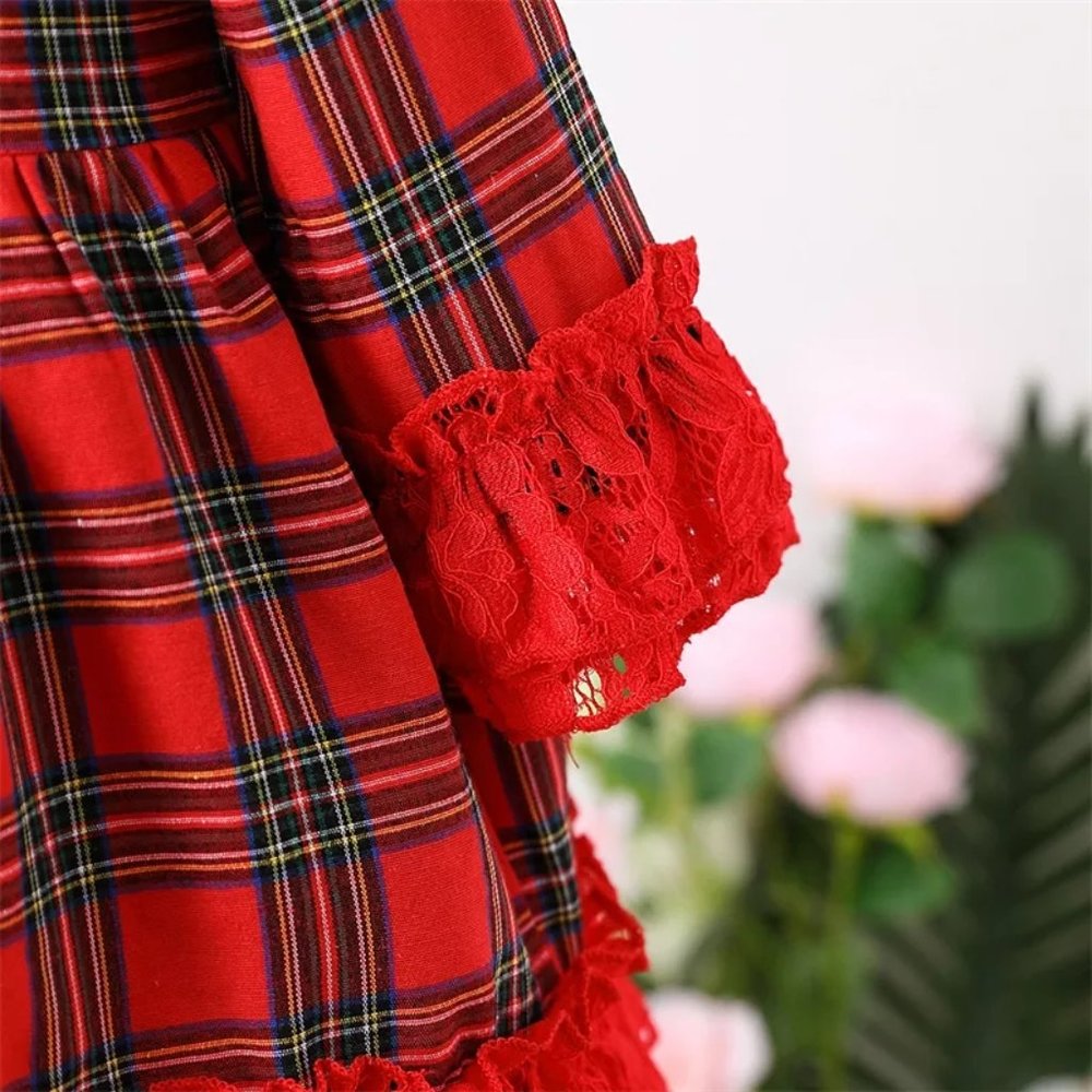 Christmas Girls Red Plaid Long Sleeve Ruffle Dress - Picture 3 of 6
